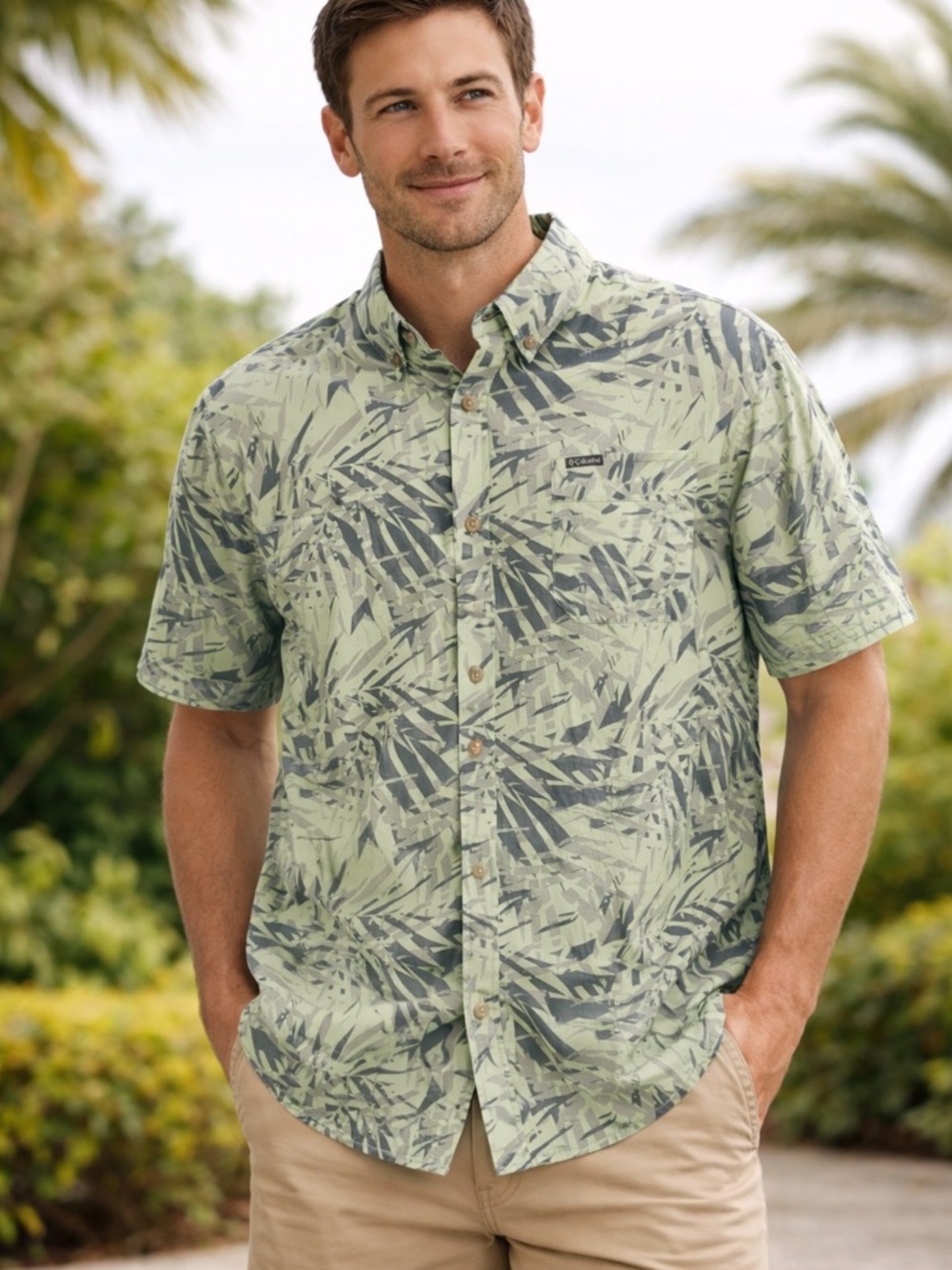 Columbia Men's Short-Sleeve Palm Print Button-Down Shirt - Light Green & Gray